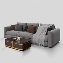 Highly detailed Blender 3D model of a fabric three-seater sofa with pillows and a wooden coffee table with minimalistic decorations.
