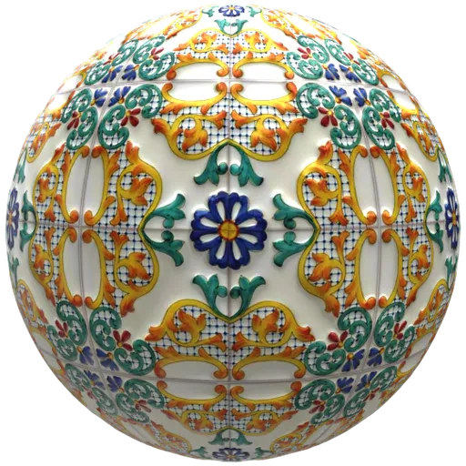 Seamless PBR Mexican ceramic tile texture for Blender 3D, with adjustable nodes for color, roughness, and displacement.