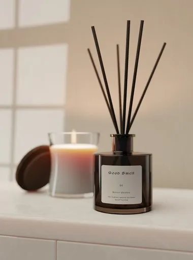3D-rendered incense diffuser and candle mockup on a table, evoking a tranquil atmosphere.
