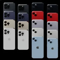 "Collection of Apple iPhone 14 variants in various colors, arranged in a row. This 3D model was created using Blender 3D software and features intricate details such as portholes and a full body design. Inspired by Marc Newson and Leica Noctilux, this official render is perfect for those looking for high-quality smartphone 3D models."