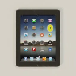 Realistic iPad 3D model with detailed screen icons and materialiq textures, optimized for Blender rendering.