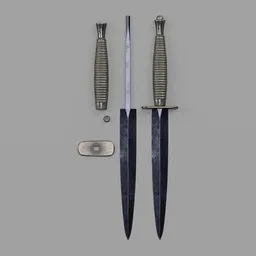 "Fairbairn Sykes Fighting Knife - High-Quality 3D Model for Blender 3D. PBR Textured with SubD Control and Disassembly/Assembly Options. Perfect for Historic Military Enthusiasts. Support on Patreon - Kloworks."