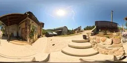 360-degree sunny residential outdoor scene with clear sky for HDRI lighting reference.