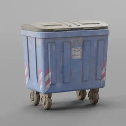 "Realistic blue plastic dumpster with wheels, ideal for Blender 3D projects. This high-detail 3D model is perfect for creating industrial container scenes or disposing trash-themed artwork. Get this untextured dumpster model inspired by Friedrich Traffelet on BlenderKit."