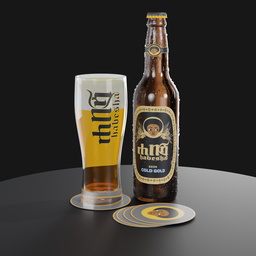 "High-quality 3D model of a Habesha Beer bottle and glass on a table, suitable for bars, restaurants, and related spaces. Designed with detailed faces and a blue and black color scheme by Tithi Luadthong and Theo Constanté using Blender 3D software. Perfect for your next beverage visual project."