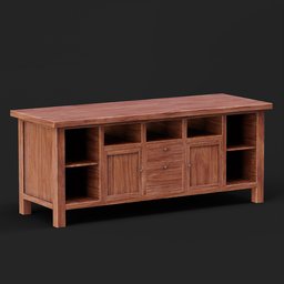 "Modern wooden TV stand cabinet 3D model in Blender 3D with a shelf and door for storage. Featuring Asian-inspired details and textured base, perfect for any hall setting. High quality render in Redshift."