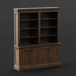 High-quality 3D Blender model of a wooden bookcase with shelves and cabinets, featuring updated png textures.