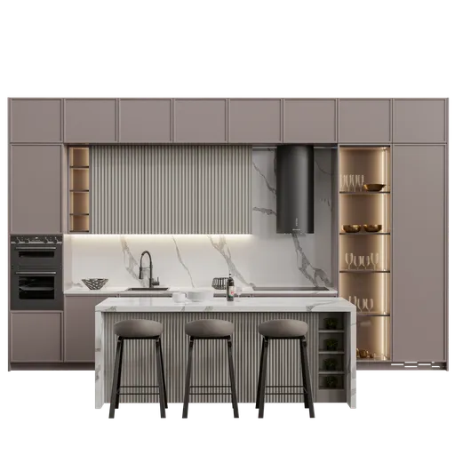 Highly detailed Blender 3D model of a modern kitchen with appliances, marble countertops, and elegant cabinetry.
