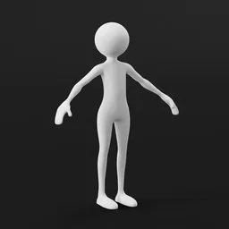 "Rigged fantasy stickman model in Blender 3D, featuring a full slim body design with small legs and a soft white rubber texture. This untextured 3D character stands with hands out, showcasing its realistic shapes and stick figure style. Perfect for animation and character design projects."