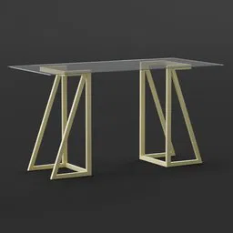 Elegant 3D rendered modern desk with translucent top and angular brass legs, suitable for office or home interior design in Blender.