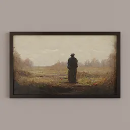 "Painting Number 7" is a 3D model created in Blender, depicting a man standing with his dog in a field. The painting has a somber, minimal art style and a centered horizon. This hudson river school painting is available in an 8k print resolution.