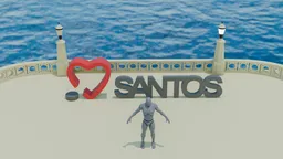 Simplified 3D model of Santos beachfront with iconic sign and figure, ideal for creative Blender projects.