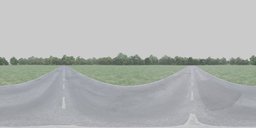 360-degree HDR panorama of a tranquil countryside road with greenery under an overcast sky.