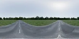 360-degree HDR panorama of a tranquil countryside road with greenery under an overcast sky.