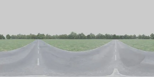 360-degree HDR panorama of a tranquil countryside road with greenery under an overcast sky.