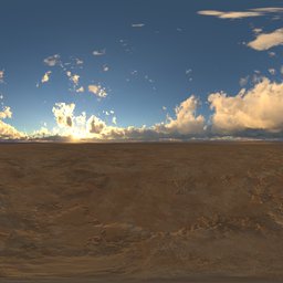 Low horizon HDR skydome with bright sunrise and golden clouds over rocky terrain for realistic lighting in 3D scenes.
