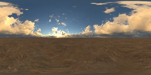 Low horizon HDR skydome with bright sunrise and golden clouds over rocky terrain for realistic lighting in 3D scenes.