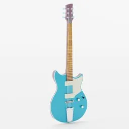 "Get the Yamaha Revstar RSP02T 3D model for Blender 3D - a blue guitar with a white stripe, featuring a P90-style single-coil pickup and custom racing tailpiece. High-quality render inspired by Kōno Michisei, 3D hammer modeling, and indieground."