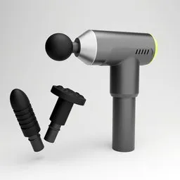 3D Blender model of textured massage gun with animated head and attachments, UV unwrapped in high resolution.