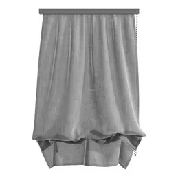 "Photo-realistic Blender 3D model of an Austrian Blind with transparent gray skirts and hanging chain. Perfect for realistic window design and inspired by Swedish style. Created by the user with Blender 3D software."