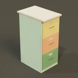 Vintage-style 3D model of a three-drawer file cabinet in pastel colors for office Blender scenes.