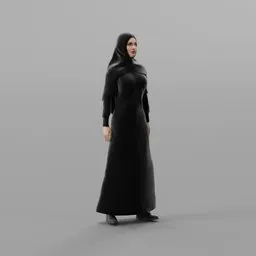 3D model of a realistic Arab female figure in traditional attire, rigged for animation with expressive features.