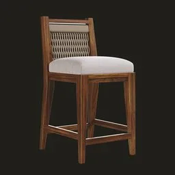 Espresso-finished hardwood 3D model stool with jute rope backrest and upholstered seat for Blender 3D-rendering.