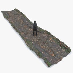 "Lowpoly forest path with sweet chestnut leaves and roots 3D model for Blender 3D. Photogrammetry texture with realistic proportions of a man on a rock holding a long piece of wood. Includes 4k albedo, normal, and rough textures."