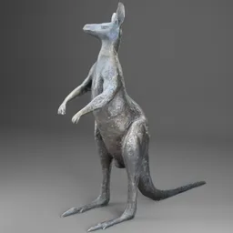 "Bronze Kangaroo Sculpture for Blender 3D: Photogrammetry Scan with Hammered Metallic Texture." This high-quality 3D model depicts a kangaroo standing on its hind legs with detailed copper oxide and rust textures. Rendered in Maya 4D with raycasting and lumen global illumination, it is a perfect addition to any artistic or scientific project.