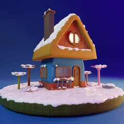 Detailed Blender 3D snow-covered cartoon house model with fabric texture, surrounded by stylized nature elements.