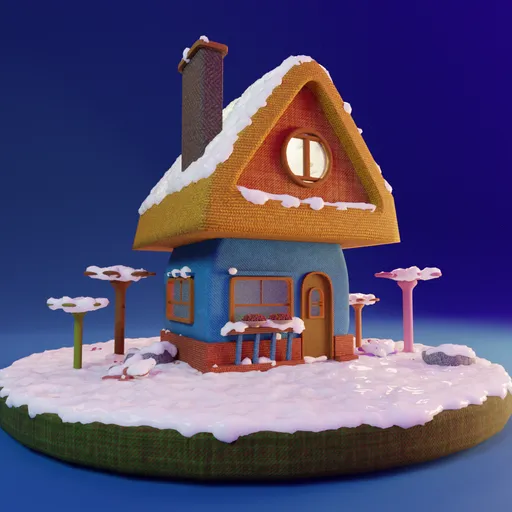 Detailed Blender 3D snow-covered cartoon house model with fabric texture, surrounded by stylized nature elements.