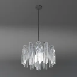 3D model of a cubic glass chandelier with a metal frame and square glass pieces, suitable for various interior designs.