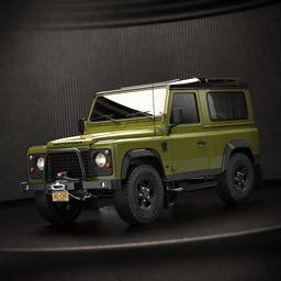 "High quality Land Rover Defender 90 -1990 3D model for Blender 3D with realistic details and perfect for close-up shots. Featured in serene arafed green color and parked inside a garage with a black background. Ideal for creating stunning green-lightning themed concept art and visuals for ads and stickers."