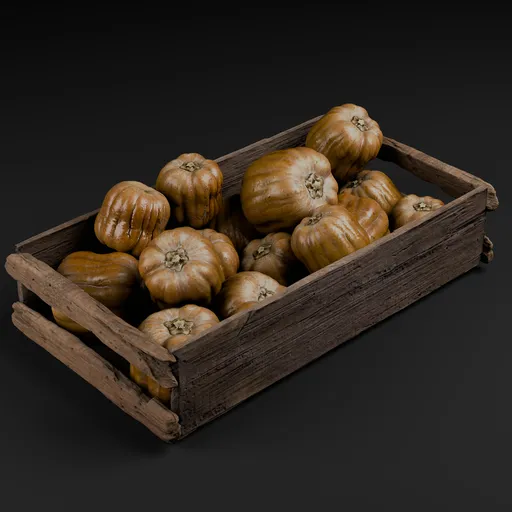 Realistic 3D model of pumpkins neatly arranged in a wooden crate, designed for high-quality Blender renderings.
