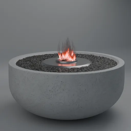 Realistic 3D-rendered circular fire pit with flames and pebble details, optimized for Blender use in outdoor scenes.