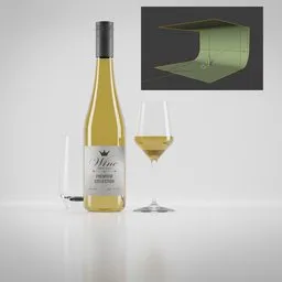 3D modeled wine bottle with glass and Blender wireframe inset on reflective surface.