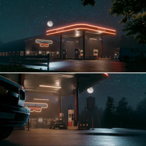 Retro Neon Gas Station at Night