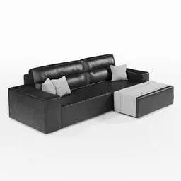 "High poly L-shaped leather sofa 3D model for Blender 3D. Streamlined matte black armor with monochrome design and detailed body shape. Includes ottoman, pillow, and 5-fingered hands. Created by Francis Helps, this full-length, disassembled model is perfect for your interior design projects."