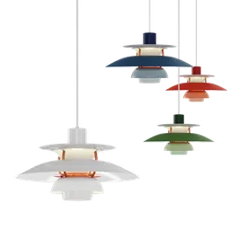"PH 5 pendant light 3D model for Blender 3D - inspired by Otto Eckmann and Johan Lundbye, with three colorful hanging lamps and a small retro starship nearby, ideal for illuminating a table and the surrounding area."