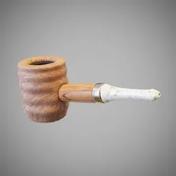 "Handcrafted smoking pipe 3D model for Blender 3D. Realistic and intricate design with a wooden handle, white pearlescent finish, and sharp nose with rounded edges. Inspired by Aleksandr Gerasimov and meticulously rendered by J. Massey Rhind in high definition."