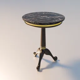 Detailed 3D rendition of a round marble-top coffee table with sleek, ornate legs for Blender renderings.