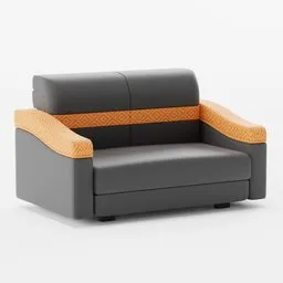 Modern minimalist two-seater 3D model of sofa with orange patterned accents, rendered in Blender 3D.