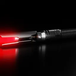 "Cal Kestis Lightsaber from Star Wars Jedi Fallen Order, a military-sci-fi 3D model for Blender 3D. This model features a red light shining on a black surface, with lazer animation, emphasizing its realistic design and sharp focus. Perfect for weaponry concept designs in the world of sci-fi."