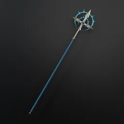 "Blender 3D historical military 3D model of a magical staff with blue and silver colors, featuring a star and metallic scepter design. Perfect for casting spells in games like lineage 2 and fire emblem three houses."