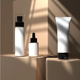 Elegant 3D-rendered beige skincare products with serene lighting, ideal for Blender visualization.