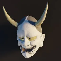 "Hannya Mask: A stunning 3D headwear model inspired by Koson Ohara, featuring a white mask with horns, a yellow eye, and an angry expression. Perfect for concept art in Blender 3D, this demon noble character design is reminiscent of siggraph exhibits and museum catalogs. Get this high-quality model for substance designer and CGSociety projects."