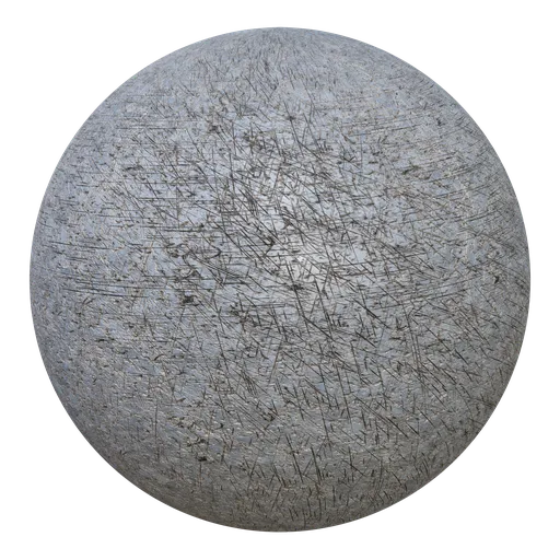 Textured PBR material for 3D rendering, showing worn and scratched metal surface for realistic modeling.