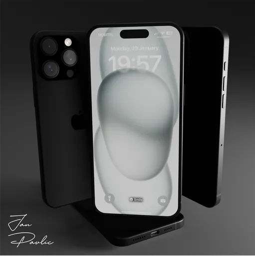 Highly detailed black iPhone 15 Pro Max 3D model with triple-camera, matte finish, and Apple logo, created in Blender.