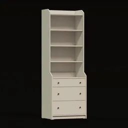 Detailed 3D model of a tall, freestanding cabinet with shelves and drawers, optimized for Blender rendering.