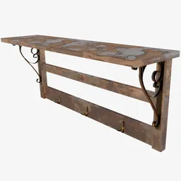 "Wooden shelf with intricate details and hooks, perfect for interiors or exteriors. Designed for Blender 3D rendering. Created by Jane Carpanini and featuring 3Dcoat h 648 and iray rendering technology."